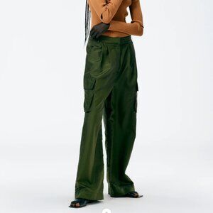 Tibi Stella Crispy Nylon Pleated Cargo Pant Army Green